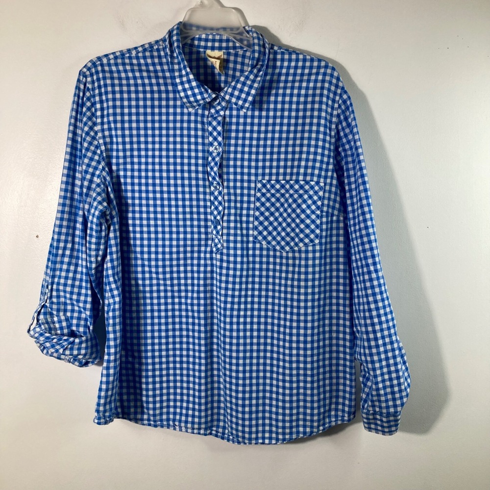 Faded Glory Blue White Gingham Plaid Button Up Shirt Women's‎ XL Roll Tab Sleeve